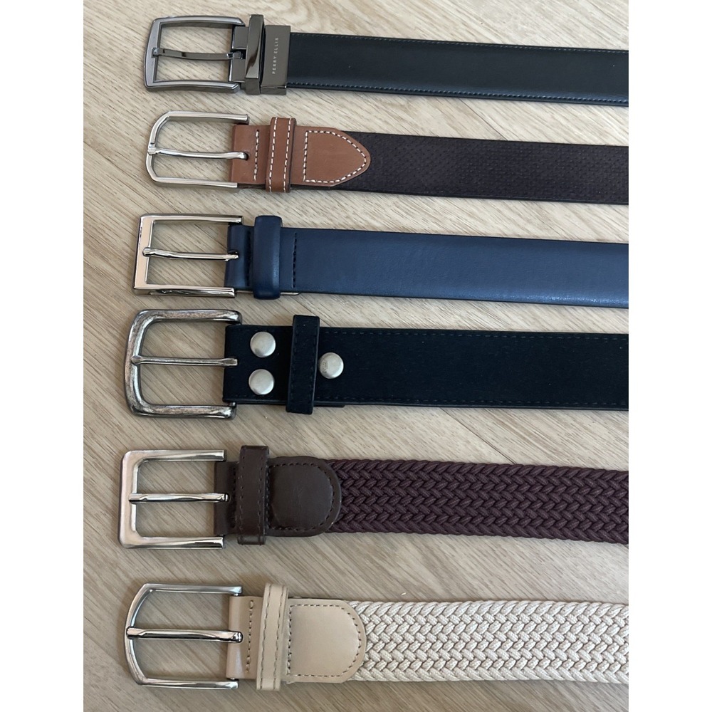 Lot of 6 Genuine Leather/Fabric/Belts 36" x 1-1/4" & 1-1/2" Black Blue Brown Tan